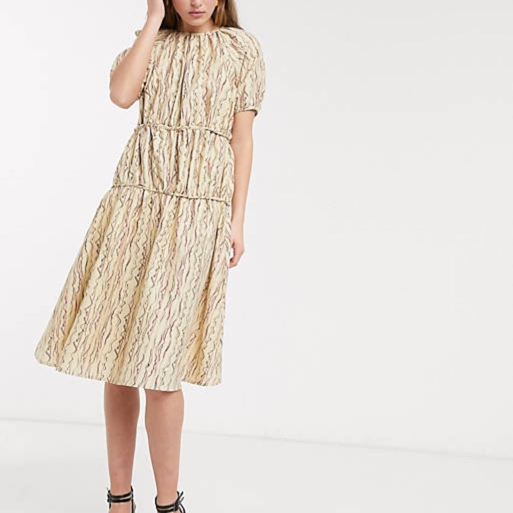 Lost Ink midi smock dress with volume tiers (ASOS)